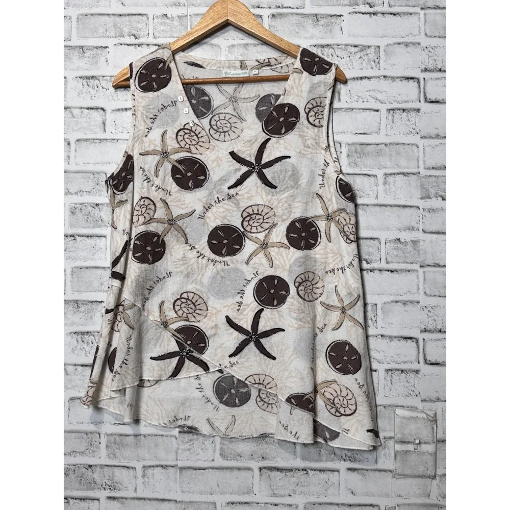 Lulu-B Under the Sea Print‎ Cotton Sleeveless Top Brown Tan Starfish Medium - Picture 2 of 10